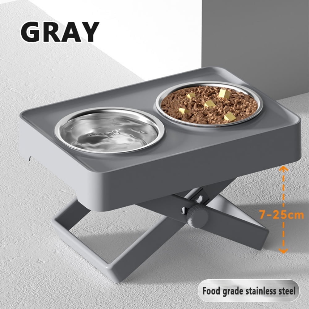 Adjustable Elevated Dog Feeding Station (7-25cm Height), Food-Grade Stainless Steel Bowls, Tip/Spill-Proof, Black/Gray, 1 Set