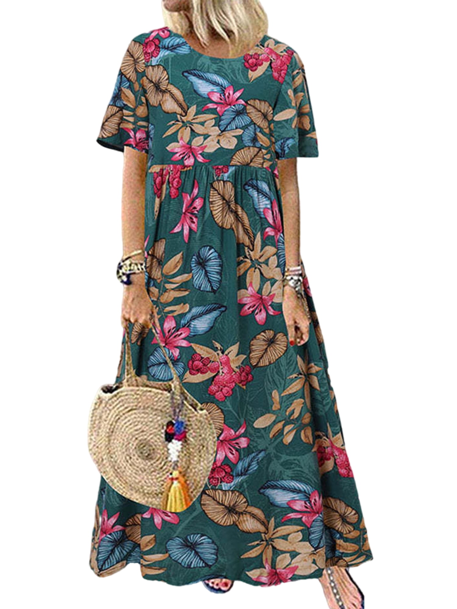 Lumento Women S Summer Dress Beach Sundress Loose Dress Maxi Dress Bohemian Print Short Sleeve