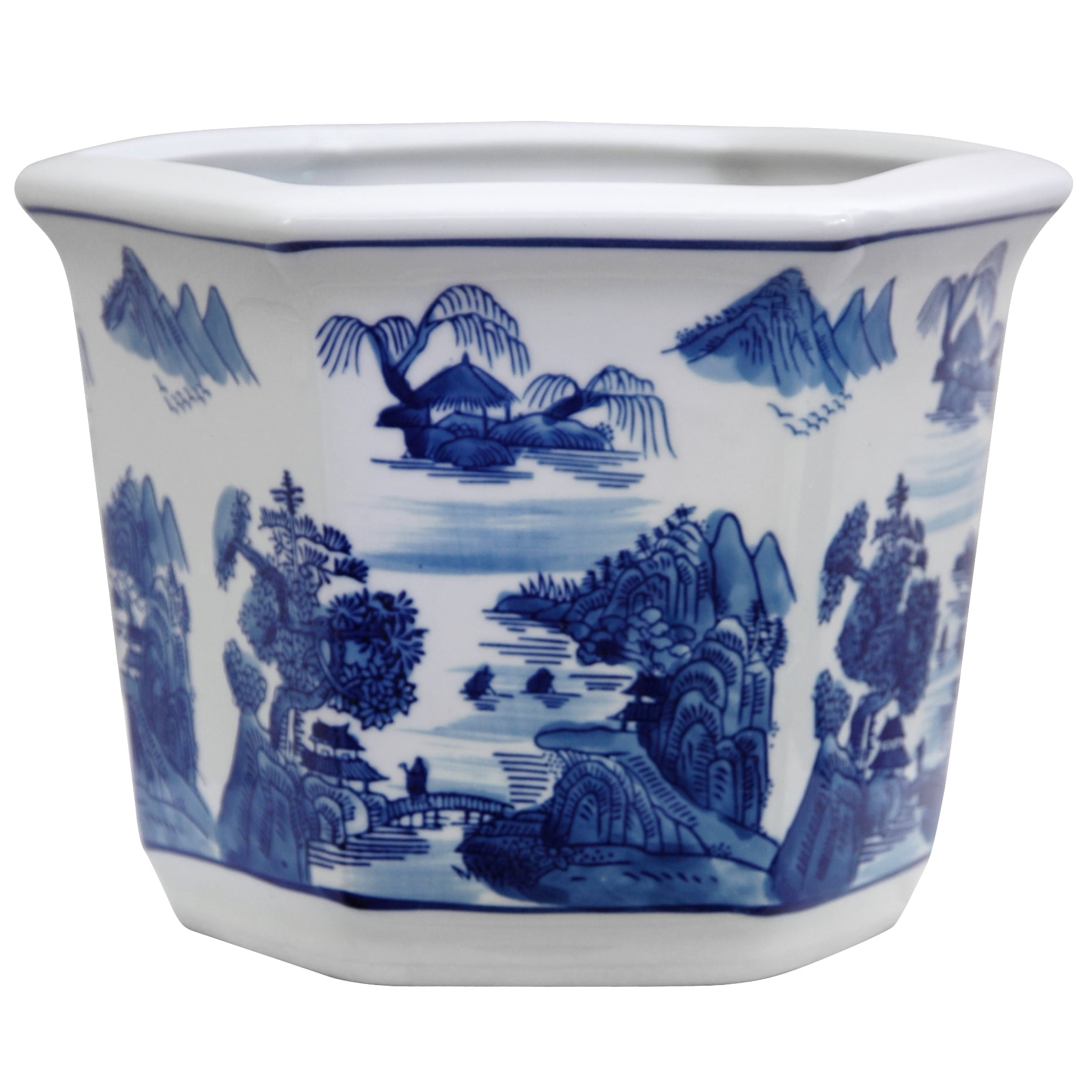 Vintage Blue/White rounded floral Porcelain Pot Planter Ceramic 7" X 7" 