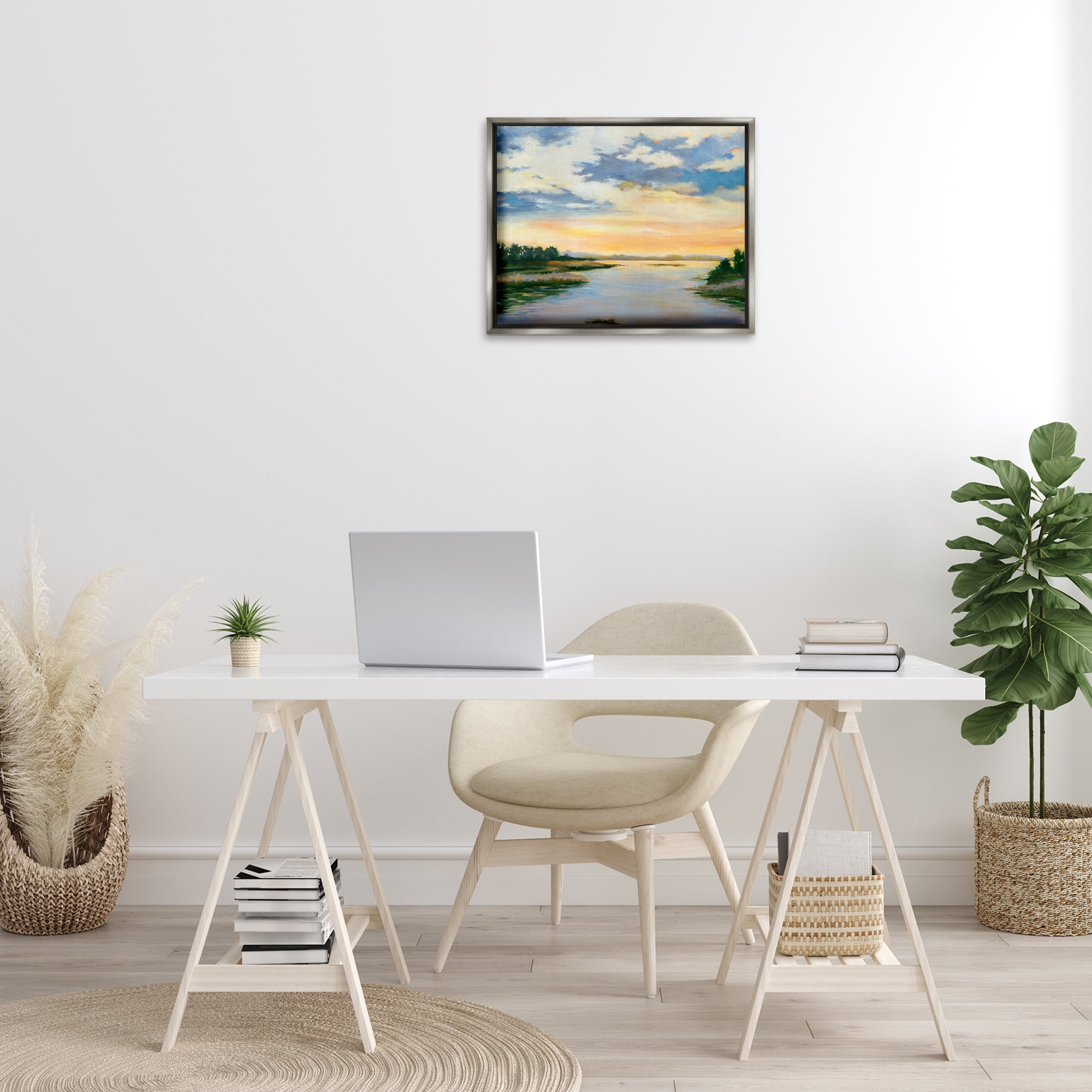 Stupell Industries Sunrise Over Shallow Water Landscape & Nature Painting Gray Floater Framed Canvas Art Print Wall Art, 21 x 17