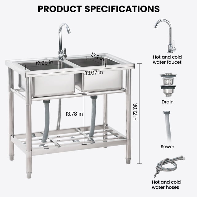 EDTara Stainless Steel Utility Sink, Features Workbench, Rack, Deep Basin, Faucet, Hot & Cold Water Plumbing, Ideal for Laundry Room, Kitchen, Garage, Workshop, and Outdoor Tasks
