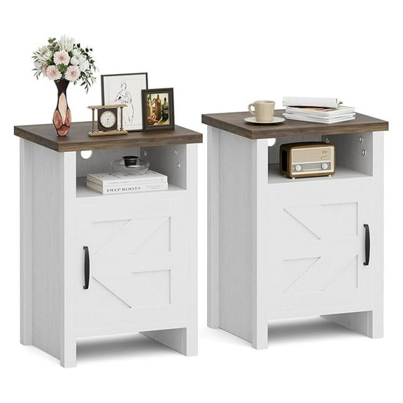 WDZS Farmhouse Nightstand, Modern Bedside Table with Barn Door and Shelf, Rustic End Table Side Table for Bedroom, Living Room(2, Rustic & White)