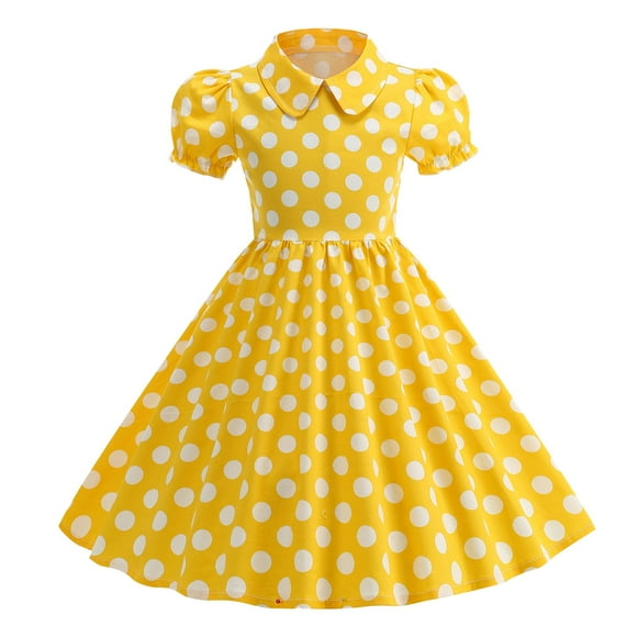 Ketyyh-chn99 Flower Girls Bridesmaid Dress Princess Girls' Dress Short Sleeve Polka Dot Dress Doll Children's Summer Dress Size for 5-6 Years,Yellow