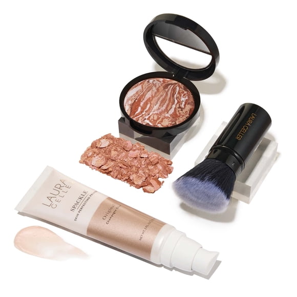 LAURA GELLER NEW YORK Ready-n-Radiant Kit (3 piezas) - Baked Bronze-n-Brighten Medium + Spackle Super-Size Skin Perfecting Primer Champagne Glow + Brocha Kabuki en ángulo retráctil