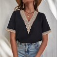 thumbnail image 6 of tklpehg Womens Tops V-Neck Crochet Lace Trim Patchwork Shirts Short Sleeve Tee Shirt Vintage Solid Color Summer Going Out Tops Lightweight Loose Blouses Casual Tshirt (Black,S), 6 of 8