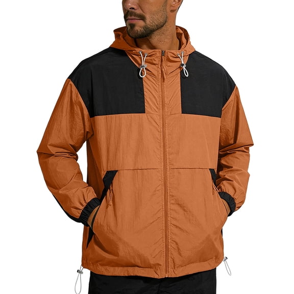 GUZOM Mens Windbreaker Jacket Lightweight Packable UV Protection Hooded Nylon Spandex Color Block Brown,Size L