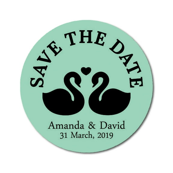 Darling Souvenir Round 45 Pcs Loving Swans Save The Date Stickers Personalized Bride Groom Names And Date Envelope Seals - Mint