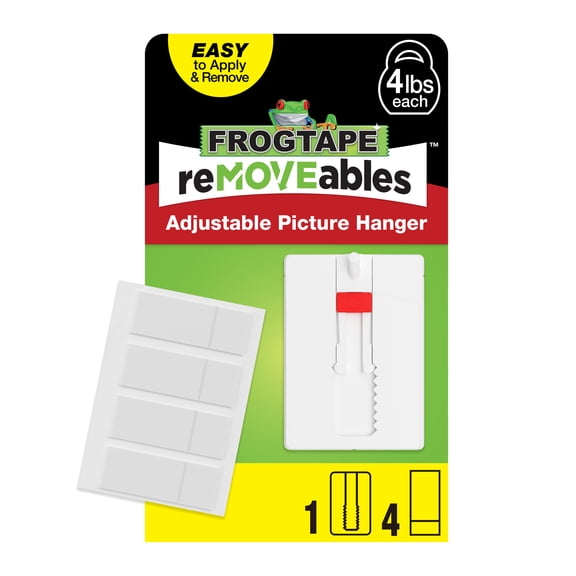 FrogTape reMOVEables Adjustable Picture Hanger Wall Hook, 1 Hanger and 4 Adhesive Strips