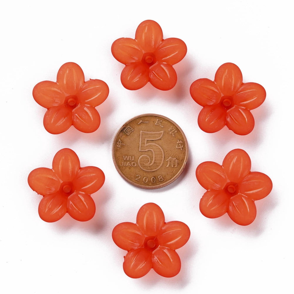 Frosted Acrylic Bead Caps 5-Petal Flower Orange Red 19.5x20x5.5mm Hole: 1.6mm about 740pcs/500g