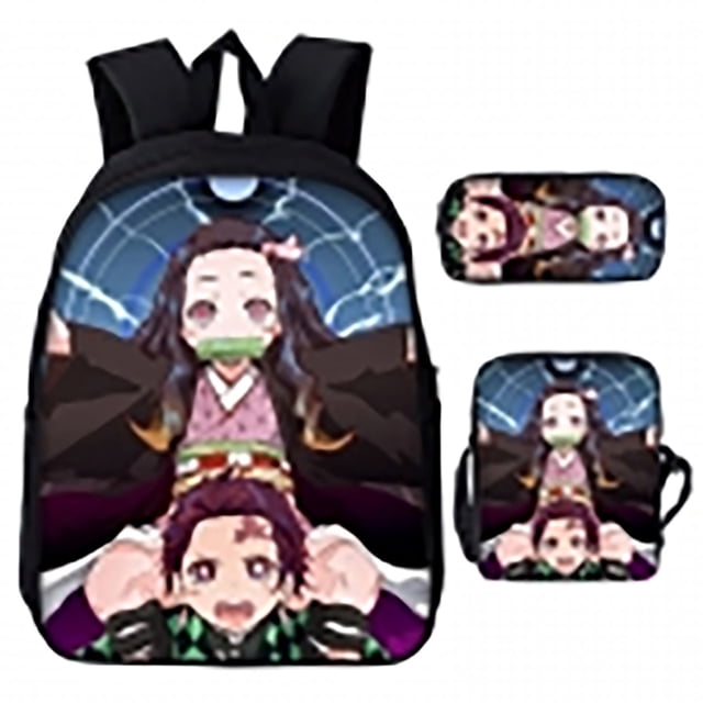 Mochila Dem@@2on Slayer, juego de 3 piezas: mochila para portátil con estuche para lápices y bolsa para el almuerzo.