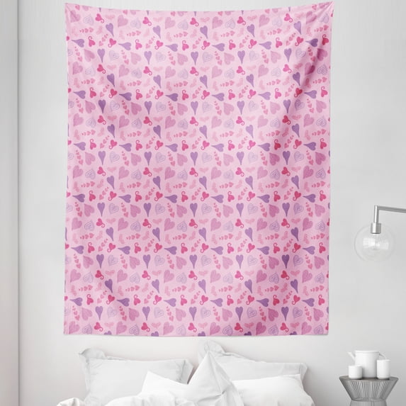 Romantic Tapestry, Valentines Day Hearts Cartoon Polka Dots and Wavy Stripes Pattern, Fabric Wall Hanging Decor for Bedroom Living Room Dorm, 5 Sizes, Pink Purple and Magenta, by Ambesonne