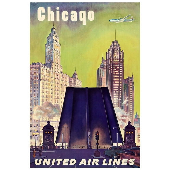United Airlines - Chicago - 1940s - Vintage Travel Poster (8x12Inches-US/CANOnly)