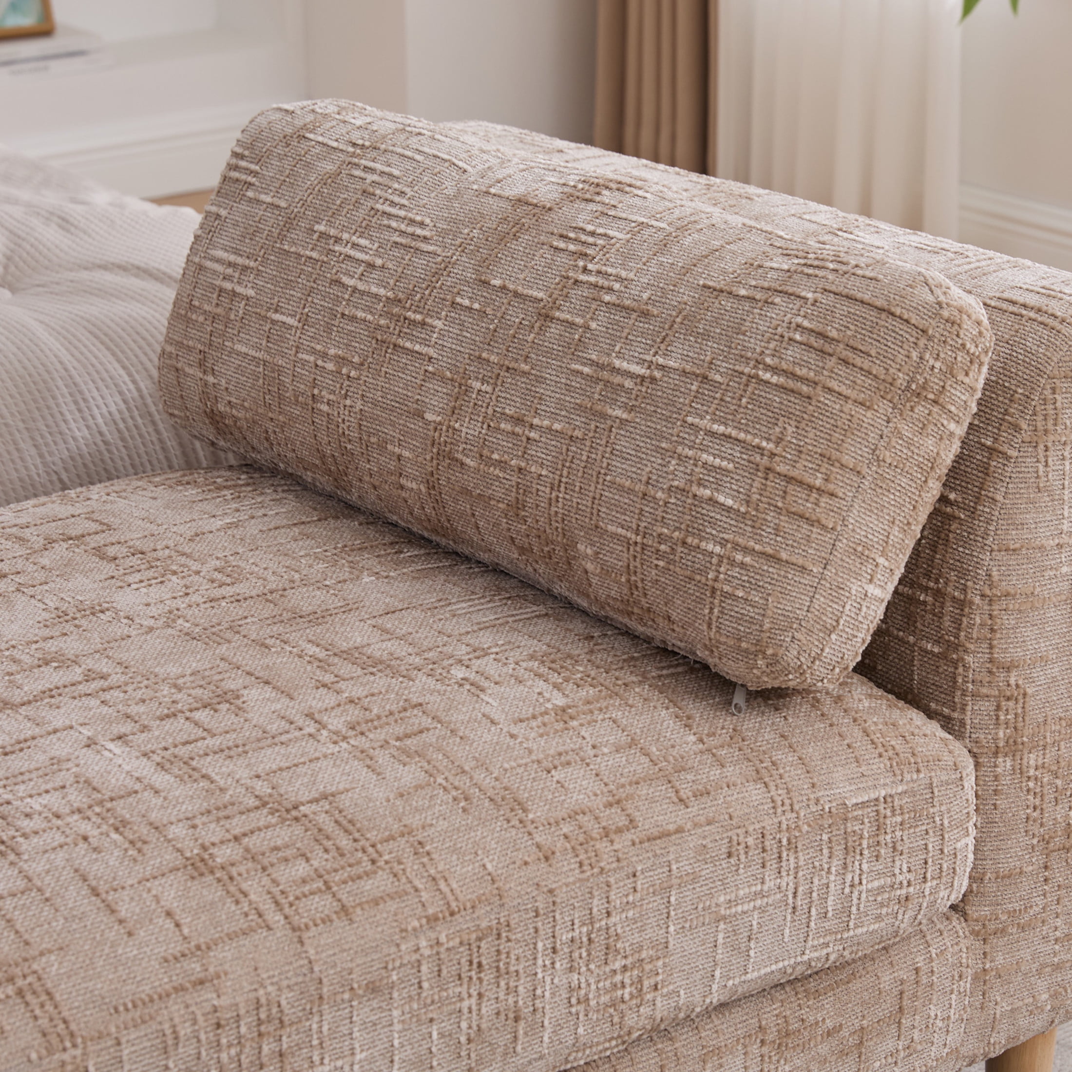 Noble House Torvane 83.1" Chenille Bed End Bench, Modern Chaise Lounge with Bolster Pillows and Wood Legs, Wheat