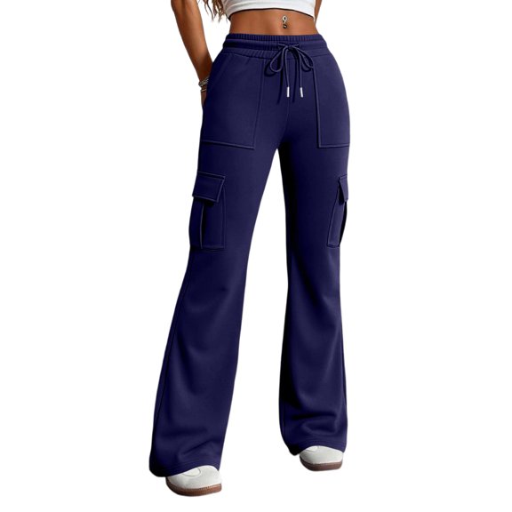 Dwellite Flare Pants for Women High Waisted Sweatpants with Pockets Casual Hiking Drawstring Trousers 2026 Blue M