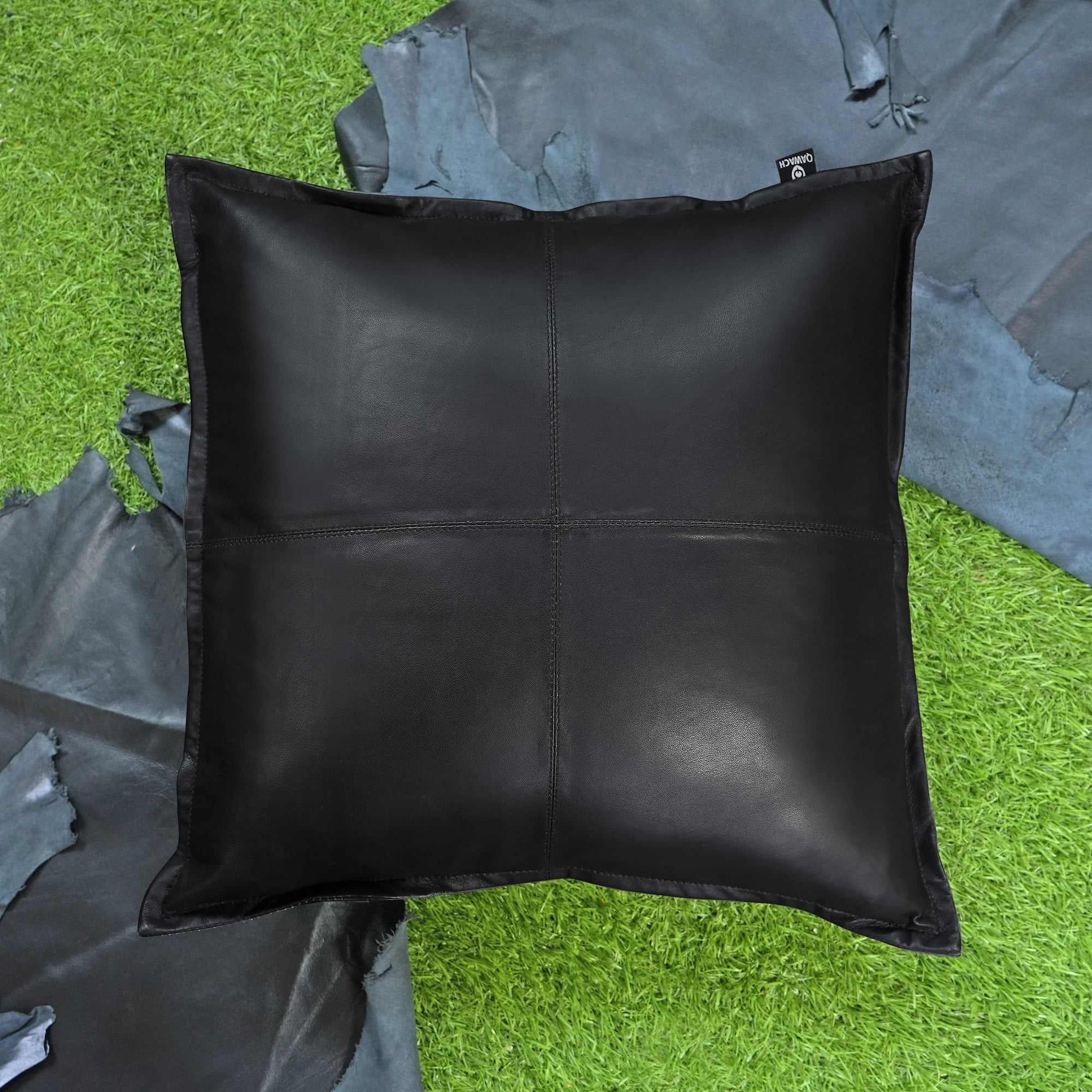 Lambskin Leather Pillow Cover, Sofa Cushion Case, Home Decor Style for Living Room & Bedroom, Black Box, 14x14