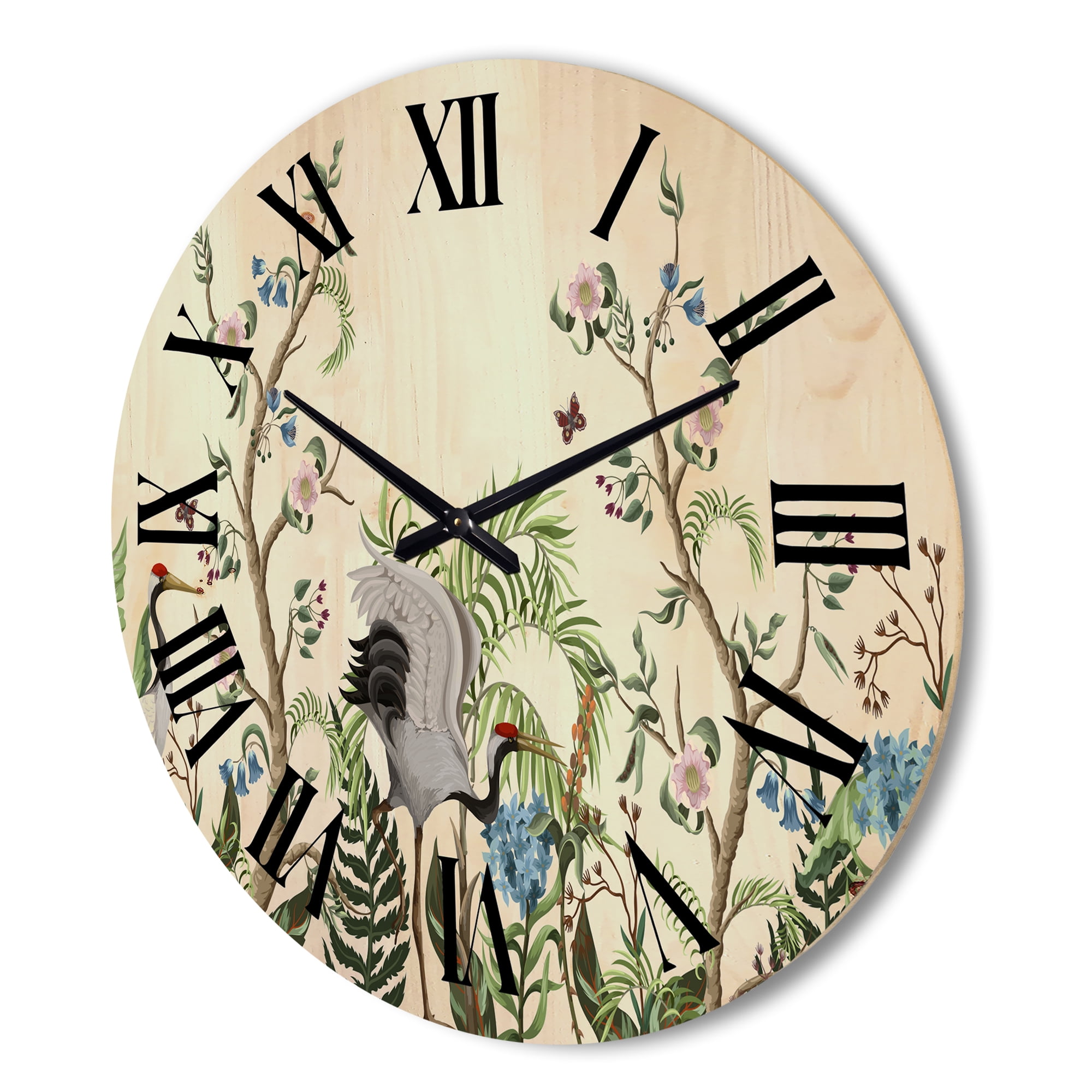 Designart 'Border With Peonies and Cranes In Chinoiserie Style' Traditional Wood Wall Clock