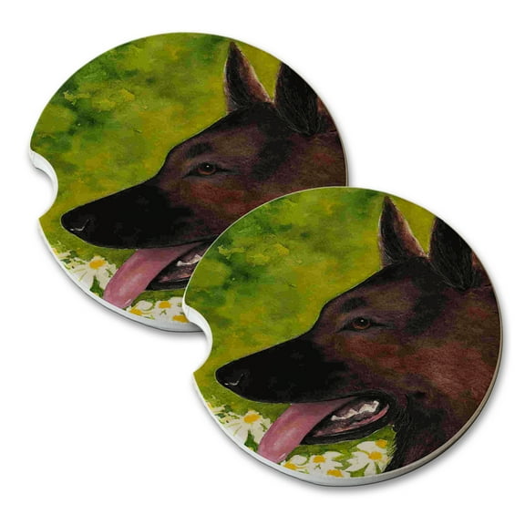 KuzmarK Sandstone Car Drink Coaster (set of 2) - German Shepherd with Daisies Dog Art by Denise Every