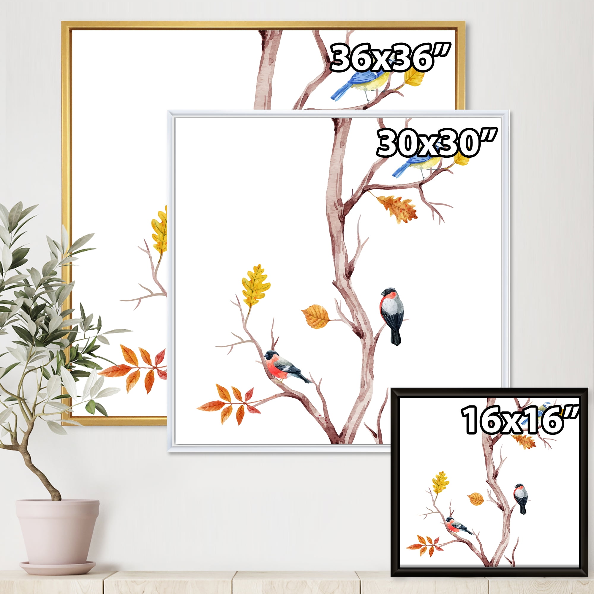 Little Birds Sitting On The Tree Branches IV 30 in x 30 in Framed Painting Canvas Art Print, by Designart