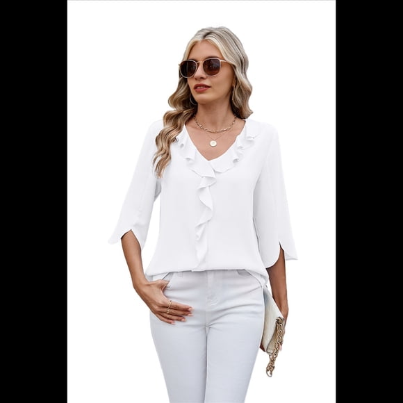 Blusas Informales Elegantes para Mujer, 3/4, Cuello en V, Volantes, Blancas, Talla XL