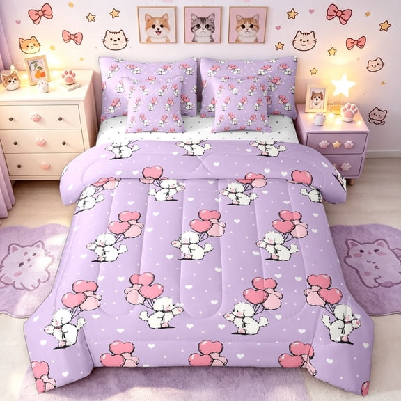 Manfei Cartoon Pug Twin Bedding, Love Heart Balloon Bedding Comforter Set, Purple, Reversible, 7 Pieces