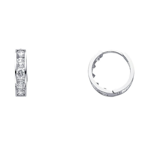 Solid 14k White Gold Round Huggie Hoop Earrings Hoops CZ Style Huggies Polished Finish Fashion 15 mm