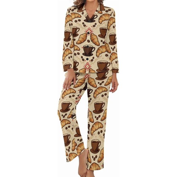 Top-kevin Womens Pajamas Set Coffee Cup Croissant Bean Soft Long Sleeve Sleepwear Button Down Sets