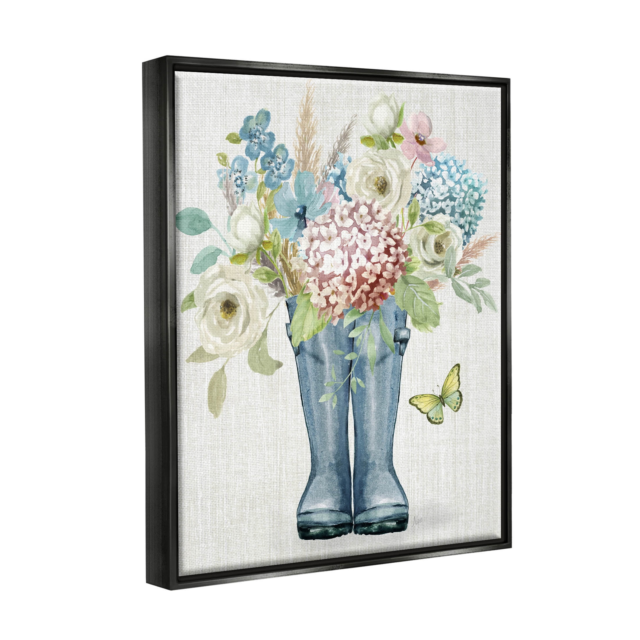 Rain Boots Flower Bouquet Botanical & Floral Graphic Art Jet Black Framed Art Print Wall Art
