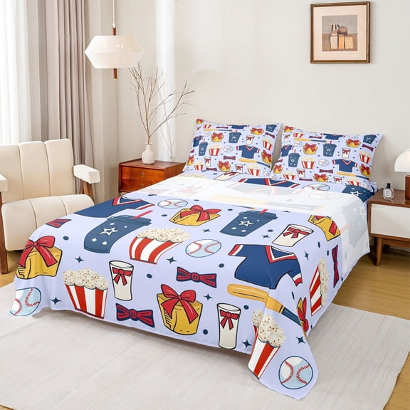 Castle Fairy Baseball Ball Game Twin Sheet Sets 3pcs for Children Teens Adults,Sport Gamer Twin Fitted Sheet Microfiber,Cute Red Bowtie Popcorn Breathable Flat Sheet,Breathable Home Decor