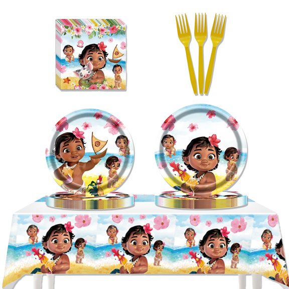 JMOCD 51Pcs White Moana Party Tableware Set, Birthday Party Supplies Decorations Set, tablecloth,Plates, Napkins,Cutlery,10 Guests