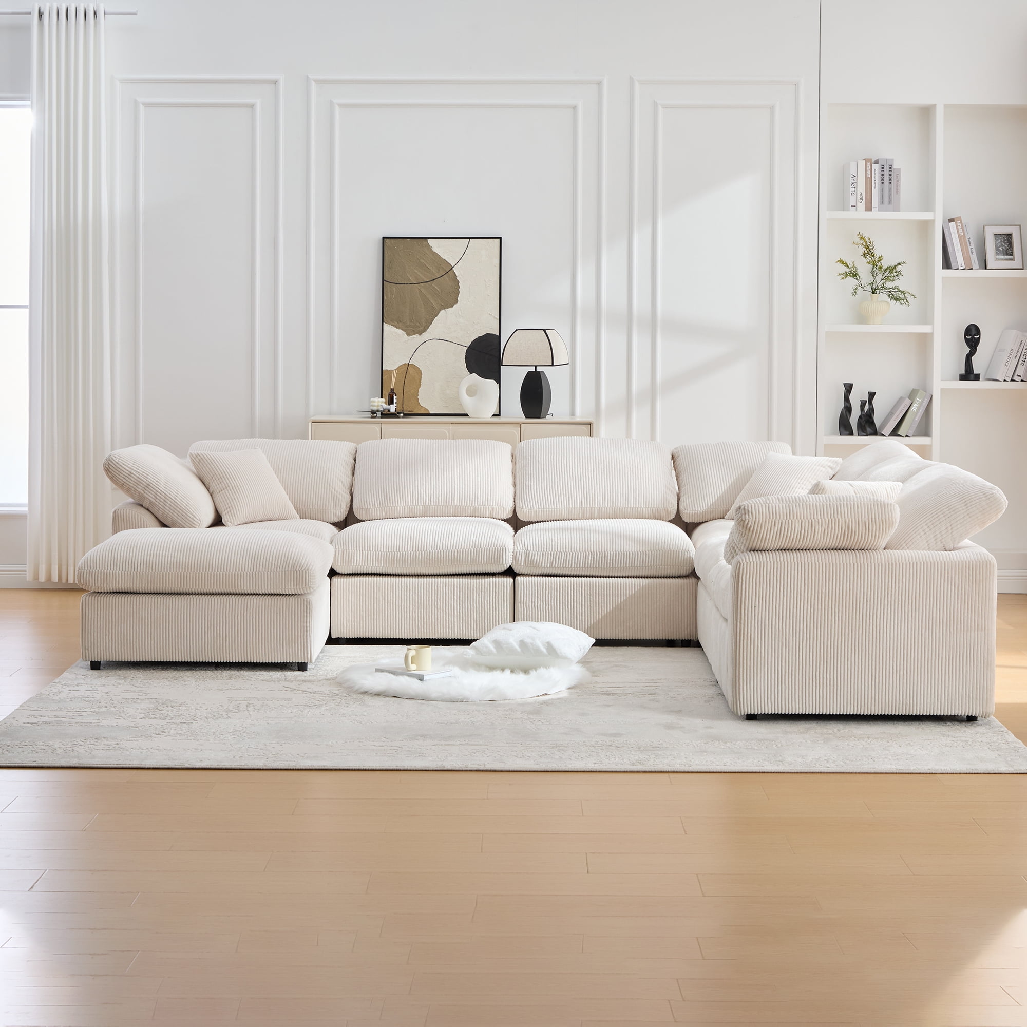 BINBANK Oversized 7-Seater Modular Sectional Sofa with Movable Ottoman, Corduroy L-Shaped Couch for Living Rooms/Apartments/Offices,Beige