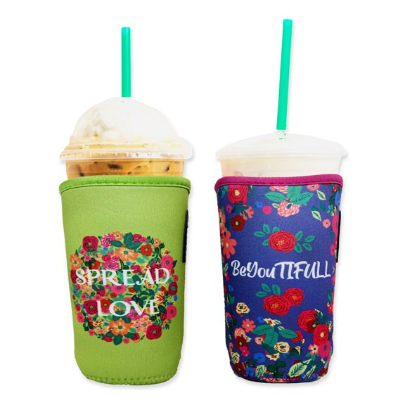 Baxendale and Co 2-Pack Medium (22-24oz) Reusable Neoprene Insulator Sleeve for Iced Coffee or Cold Beverage Cups (Garden)