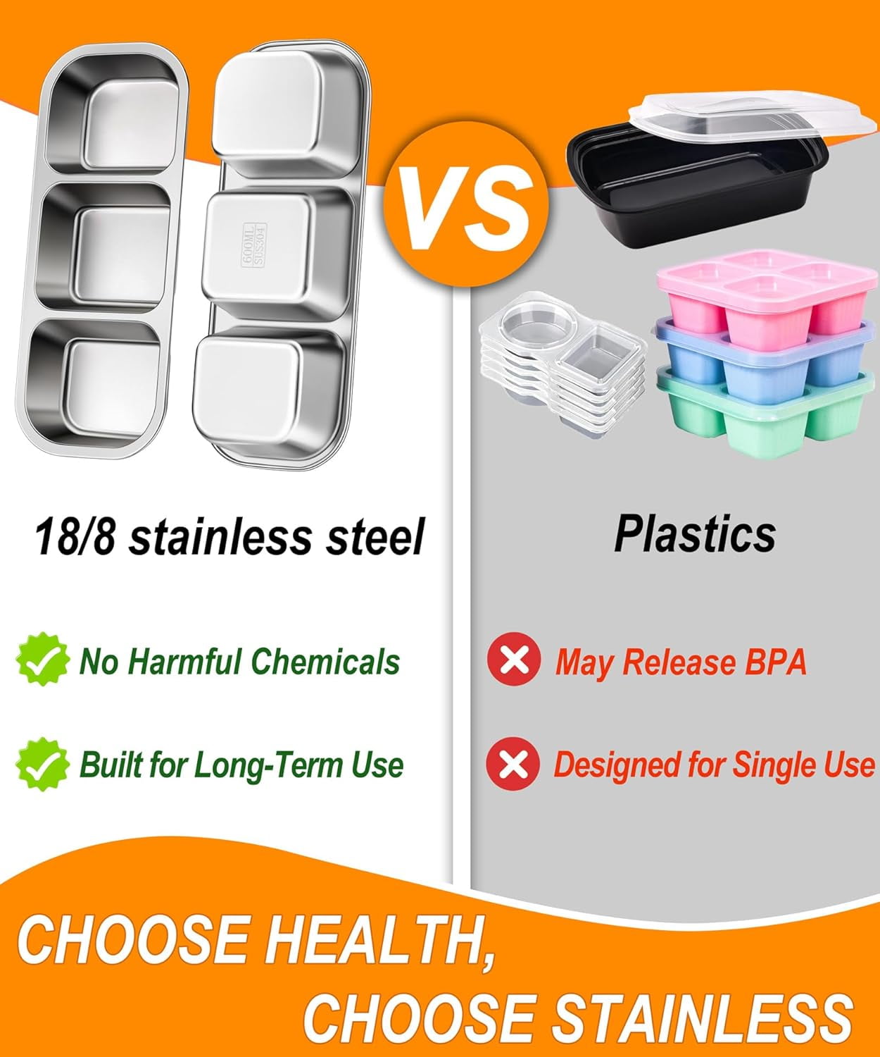 BAOKALER 20 OZ/600ml Stainless Steel Lunch Box, Silver, Three Compartments (Set of 3), Packaged in Kraft Paper Box. Material: 304 Stainless Steel, US Standard Silicone, PP Lid