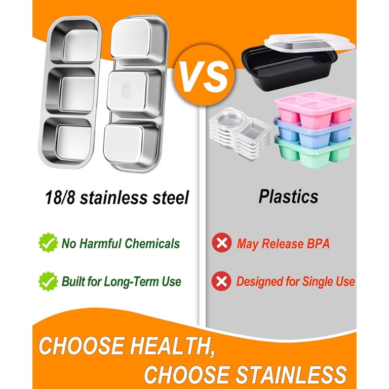 3 Pack Stainless Steel Snack Containers, 3 Compartment Metal Bento