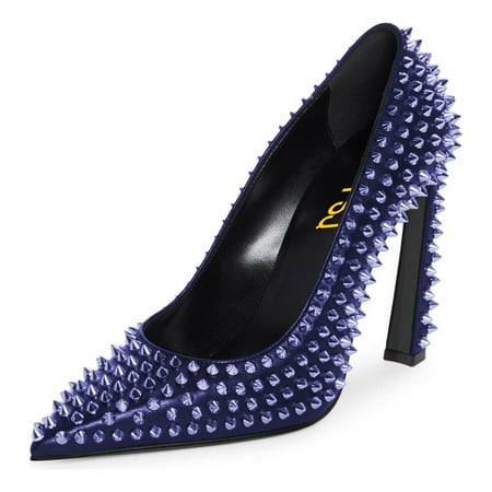 

FSJ Women Classic Pumps Closed Pointed Toe Slim High Heel Fashion Studded Rivets Slip On Cocktail Party Prom Sexy Dress Shoes Size 10.5 Blue