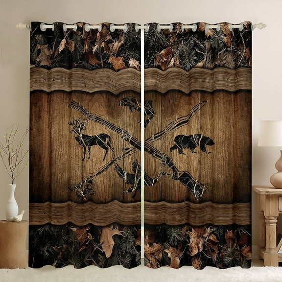 Rustic Farmhouse Window Curtains Retro Camo Cabin Lodge 30%-50% Blackout Curtains 42"Wx63"L Hunting And Fishing Curtains & Drapes Men Wildlife Bear Deer Fish Duck Curtains 2 Panels