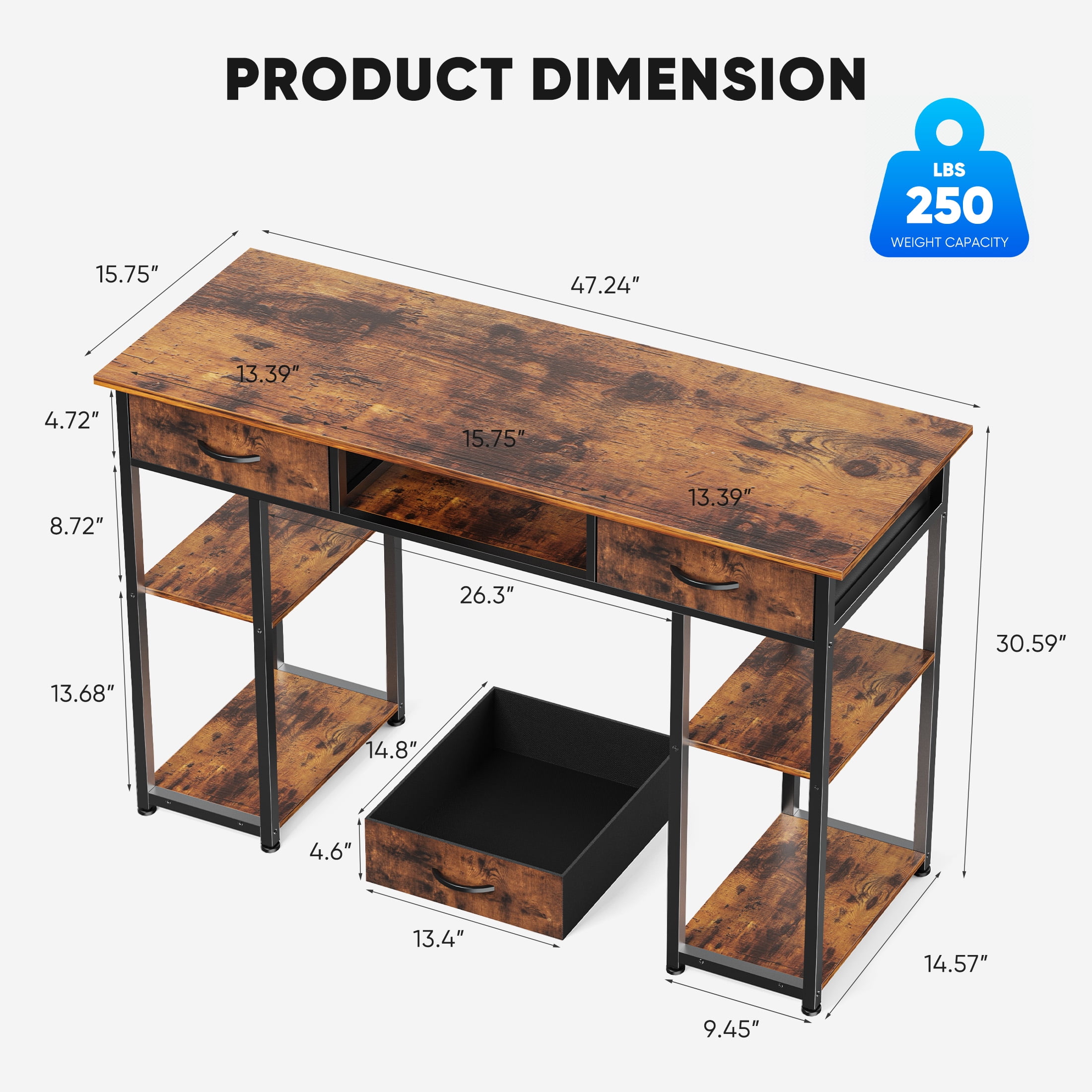 JIOABL Small Desk with 2 Drawers 48 Inch Bedroom Kids Student Vanity Home Office Computer PC Table, Study Writing Wood Deskboard for Small Spaces,Rust Brown