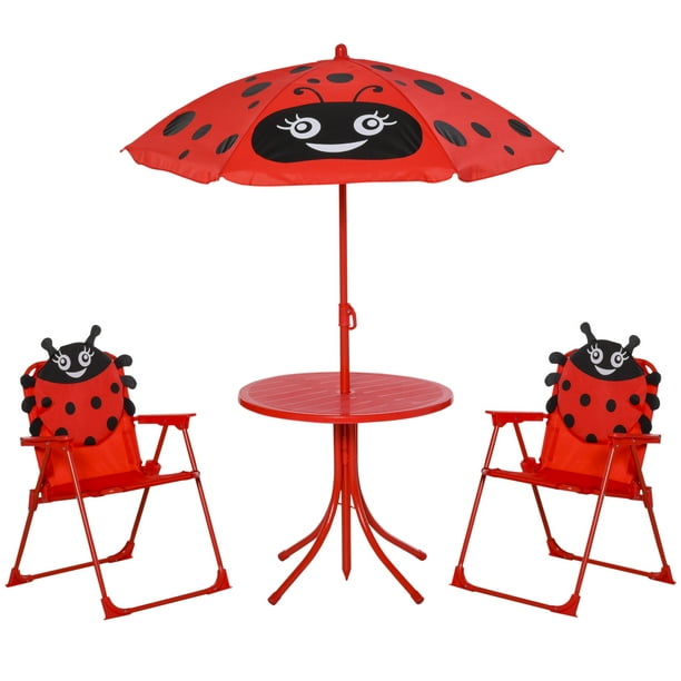 Outsunny Kids Folding Picnic Table and Chair Set Pattern Outdoor Garden Patio Backyard with Removable & Height Adjustable Sun Umbrella Red