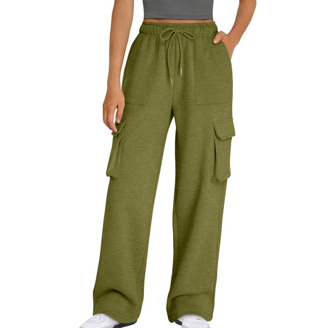 Yuyuzo Womens Cargo Sweatpants Wide Leg High Waisted Elastic Drawstring Fall Joggers Trackpants with Multi Pockets