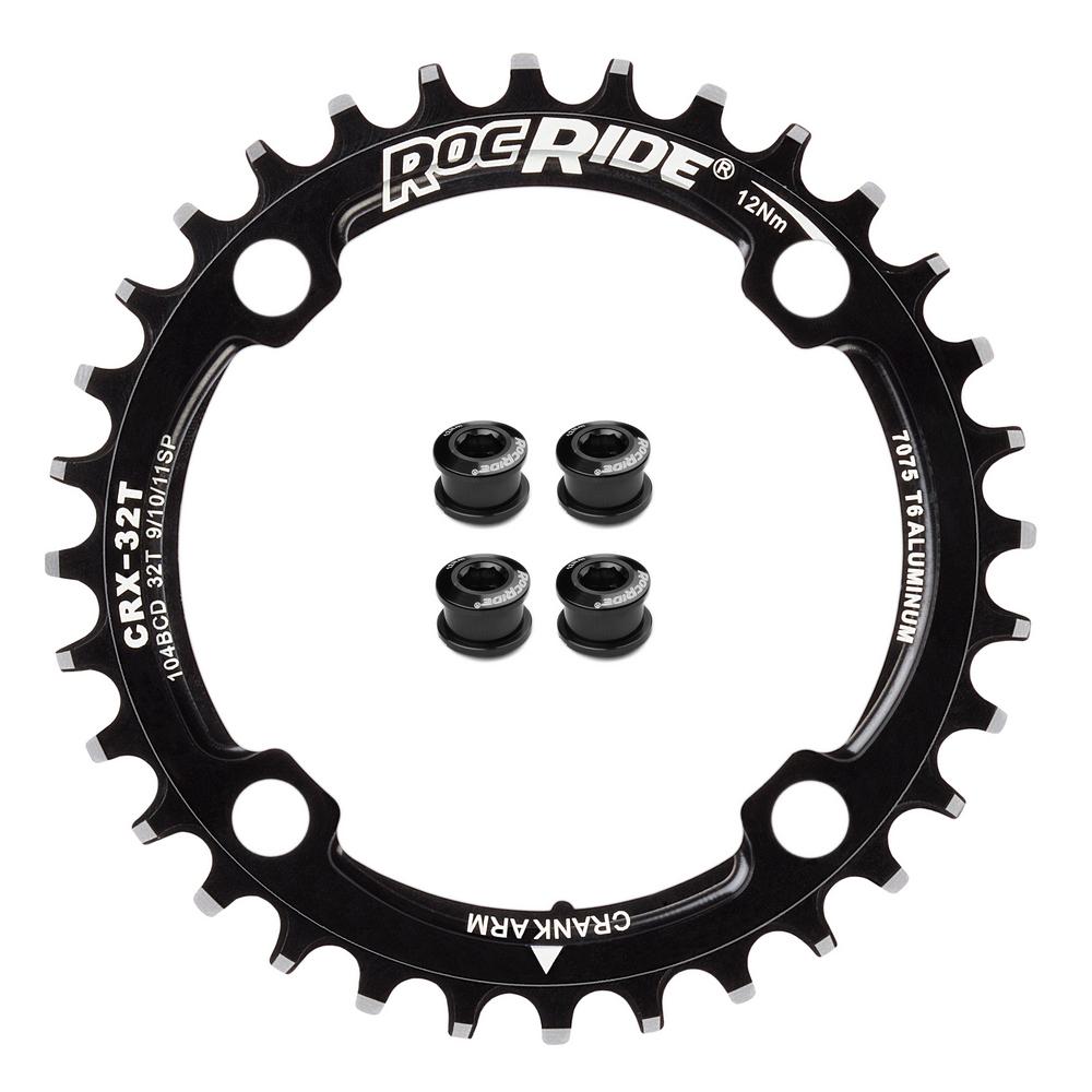 32T Narrow Wide Chainring 104 BCD Black Aluminum With 4 Black Aluminum Bolts By RocRide For 9/10/11 Speed. - image 1 of 5