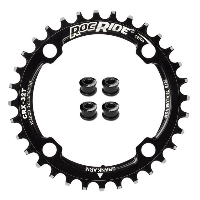 32T Narrow Wide Chainring 104 BCD Black Aluminum With 4 Black Aluminum Bolts By RocRide For 9/10/11 Speed.