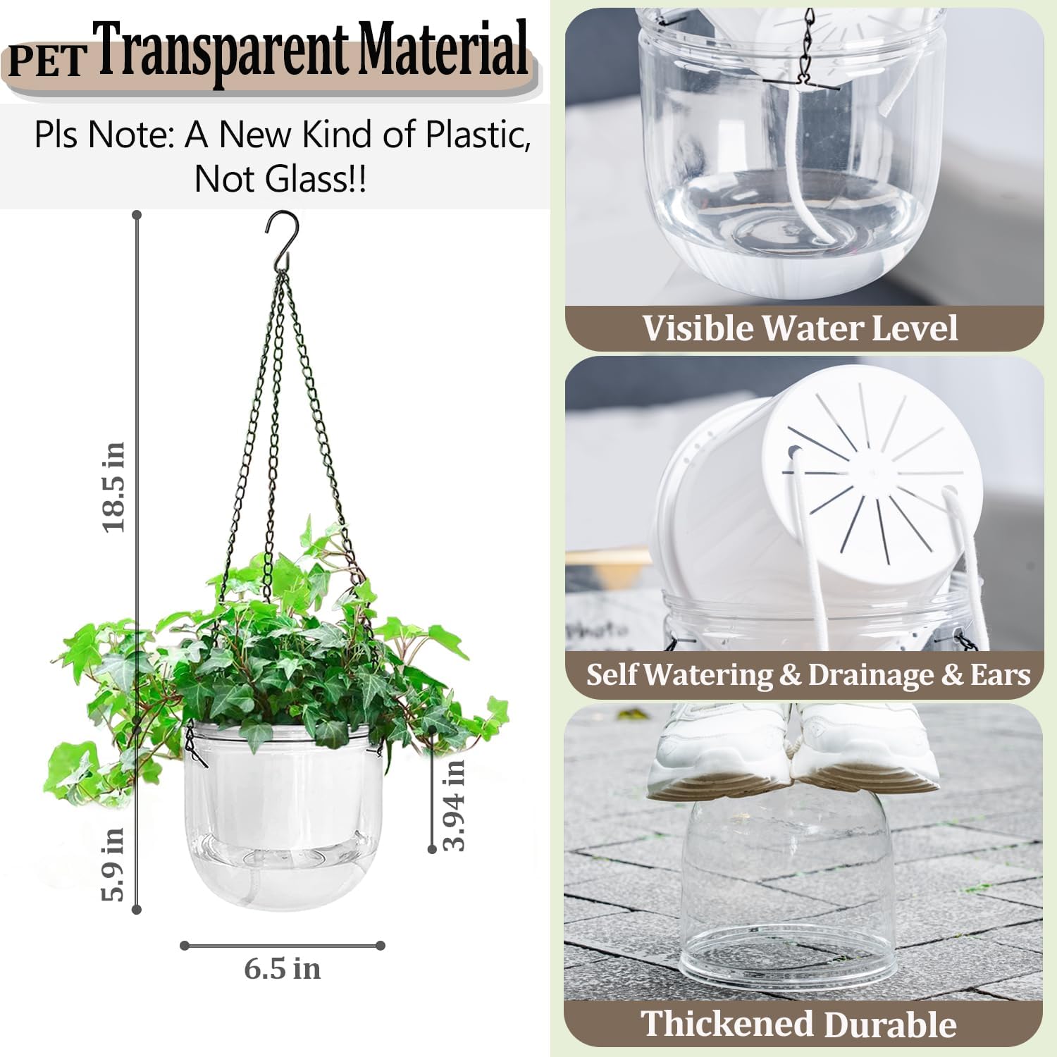2 Pack Self Watering Hanging Planters Indoor Flower Pots, 6.5 Inch Outdoor Hanging Basket, Plant Hanger with Hooks Drainage Holes for Garden Home