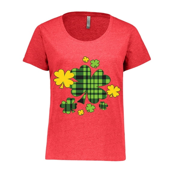 Inktastic St. Patrick's Day Plaid Green and Yellow Shamrocks Women's Plus Size T-Shirt