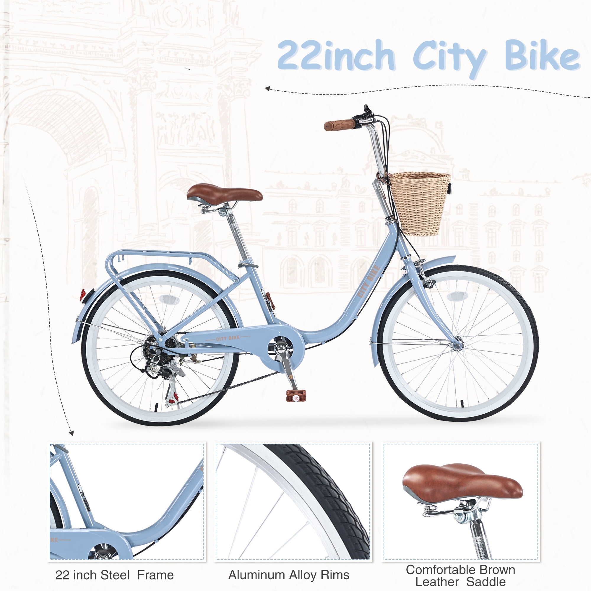Aukfa Cruiser Bike, Hybrid Bikes with Basket for Girls Kids,Blue