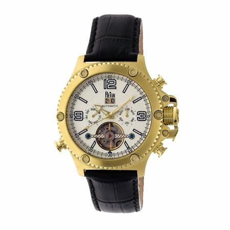 Reign Mens Goliath Watch,44mm, Ivory Dial, Gold Bezel, Black Leather Strap REIRN330