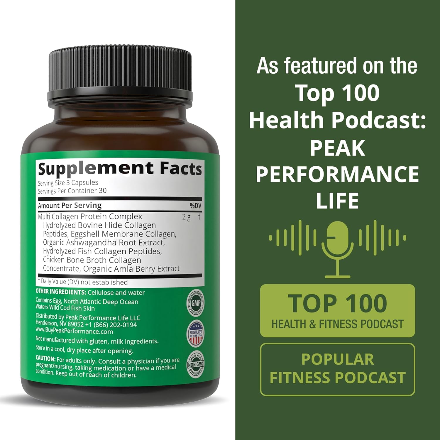 Peak Performance All 5 Multi-Collagen Capsules 90 Pills of Grass Fed Peptides Protein. with All 5 Collagen Types I, II, III,V, X. Grass Fed Beef, Fish, Chicken, Bone Broth Supplement