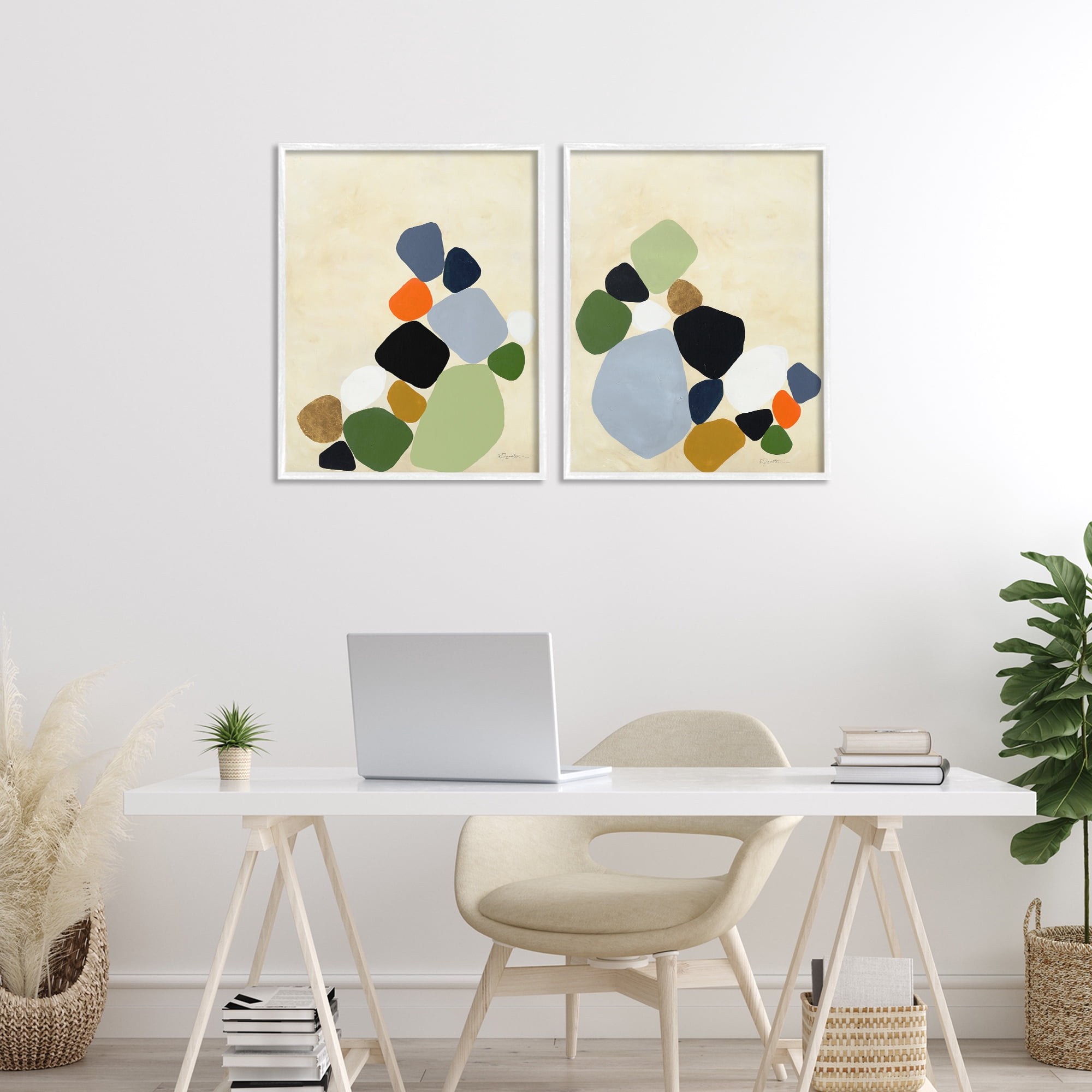 Stupell Industries Curved Clusters of Pebbles 2 Piece White Framed Giclee Art Set, design by Ruth Fromstein
