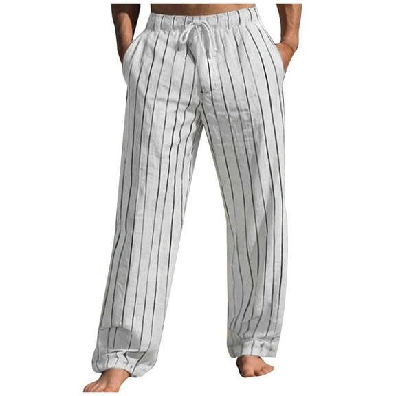 Men's Casual Pants Men's Summer Linen Straight Stripes Comfortable Breathable Outdoor Stretch Pants With Drawstring White 3XL