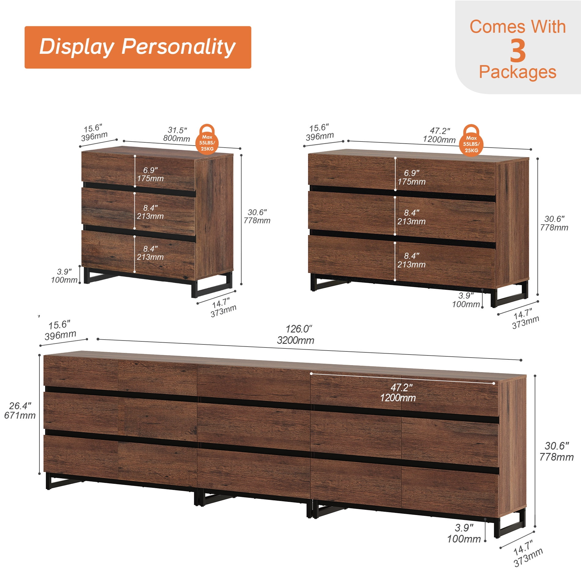 WAMPAT 3 in 1 Dresser for Bedroom, Closet Organizers and Storage with 15 Drawers, Chest of Drawers with Metal Base, Modern Wood Dresser for Bedroom, Light Oak