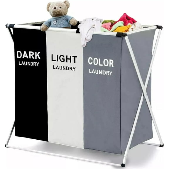 BN-LINK Laundry Basket, 3 Section Portable Laundry Bag for Dirty Clothes, Collapsible Tall Clothes Hamper with Handles for Laundey Room, Living Room