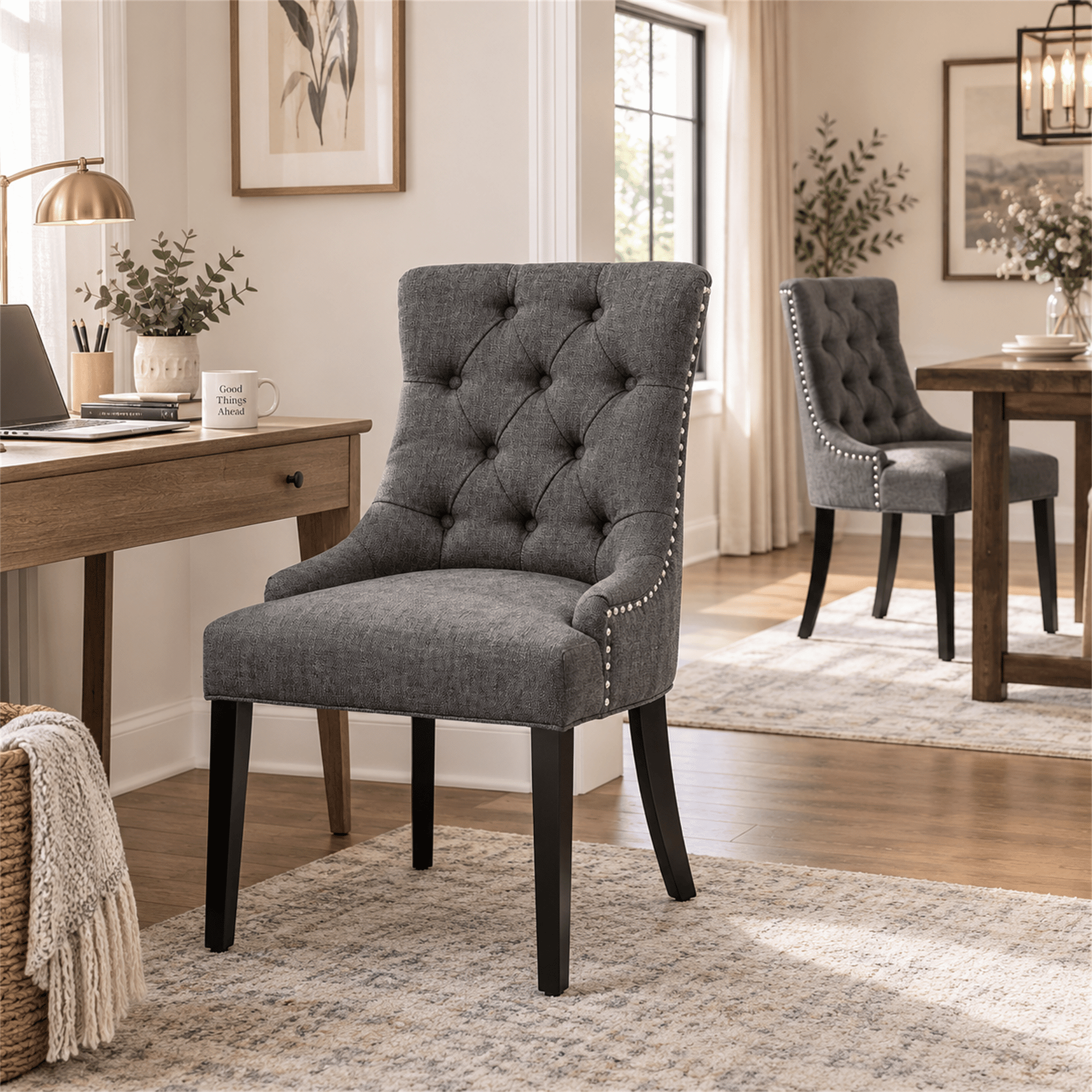 Homy Casa Set of 2 Tufted Upholstered High Back Dining Chairs with Nailhead Trim Charcoal